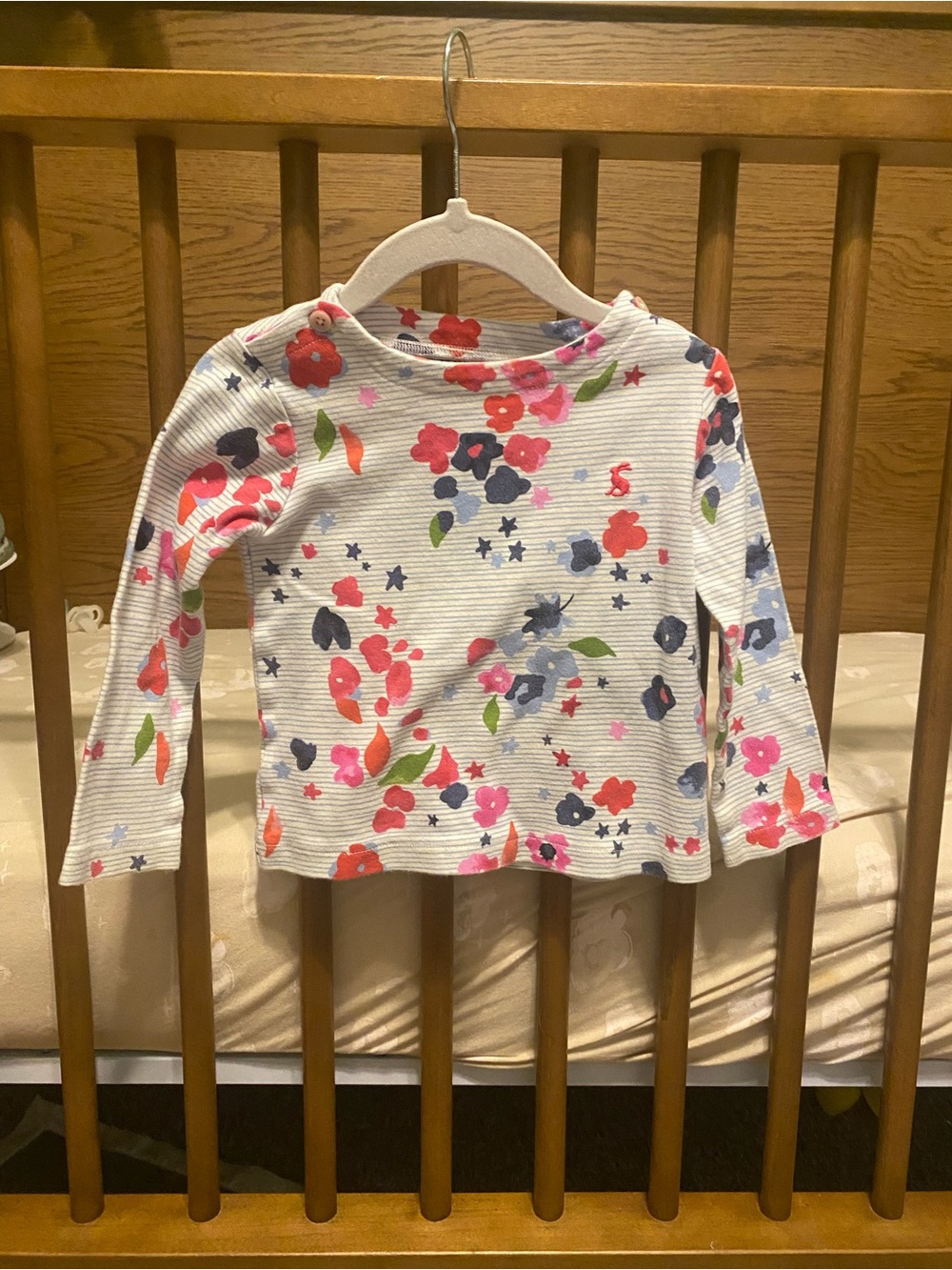 Girls' White Long-Sleeve Floral Tee with Pink & Navy Flowers